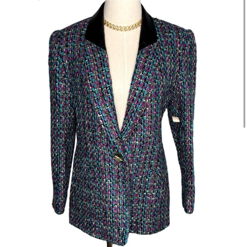 Vintage Women's Multicolor (Blk/Teal/Purple) Tweed Jacket